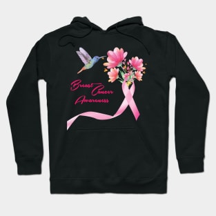 'Hummingbird With Flowers Pink Ribbon' Breast Cancer Gift Hoodie